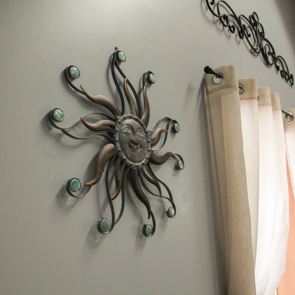 Antique Copper Finish Metal Sun Face Wall Hanging With Ceramic Bead Accents