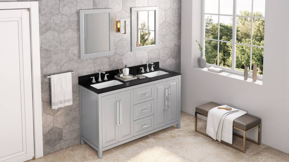 Cade Transitional 60" Grey Double Sink Vanity, Black Granite Vanity Top