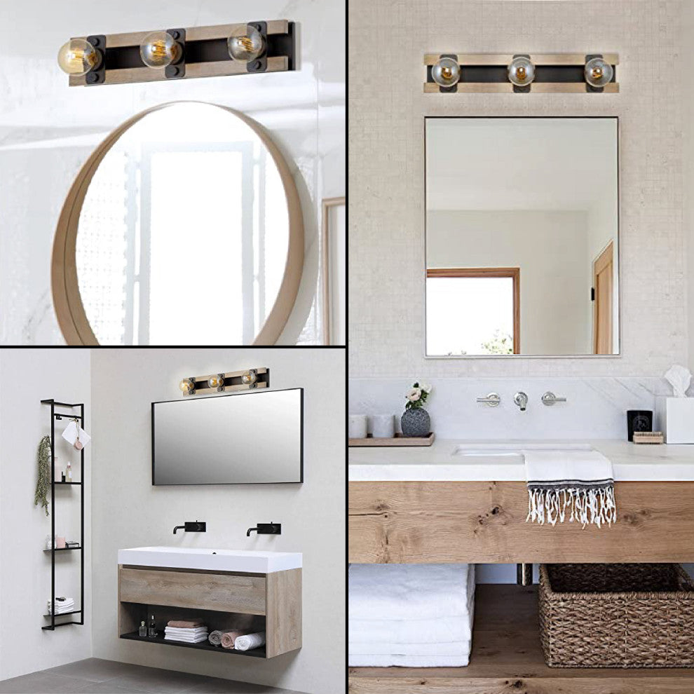 3-Light  bathroom lights fixtures Black Wood & Metal bathroom vanity light black