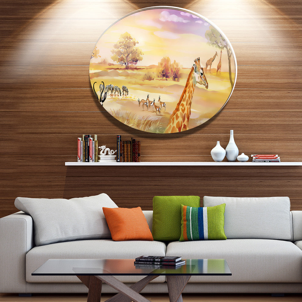 Wildlife Of Savannah Illustration, African Disc Metal Artwork, 23"