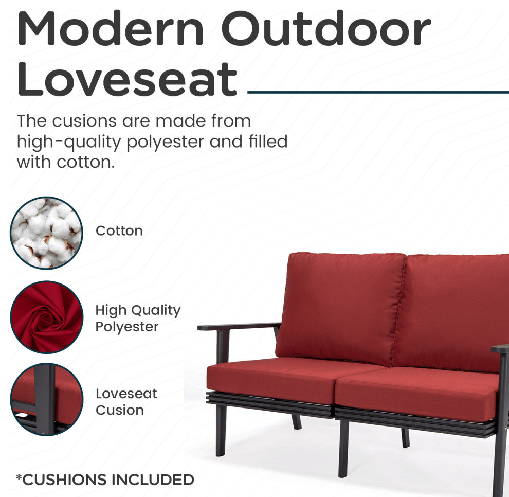 Leisuremod Walbrooke Patio Loveseat With Black Aluminum Frame, Red