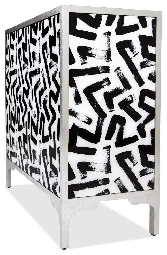 "Intertwined" Cabinets Console Table on Beveled Printed Art Glass, Frame