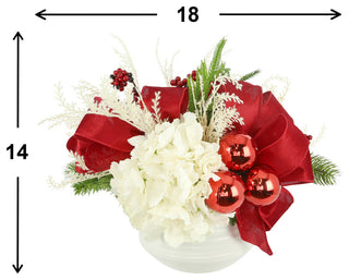 Hydrangea Holiday Arrangement with Bows and Ornaments in a Ceramic Pot