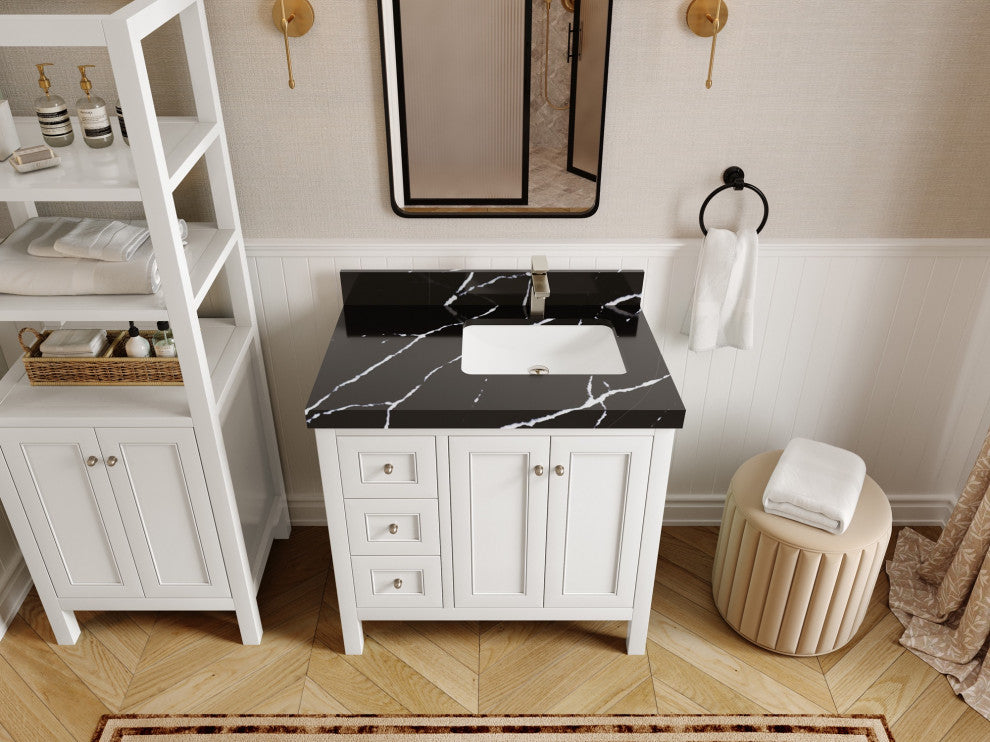 Nashville 36" Right Offset Bath Vanity, White 2" Calacatta Black