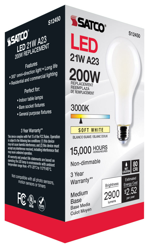 21W, A23 LED, Frost Finish, Medium Base, 3000K, 120V