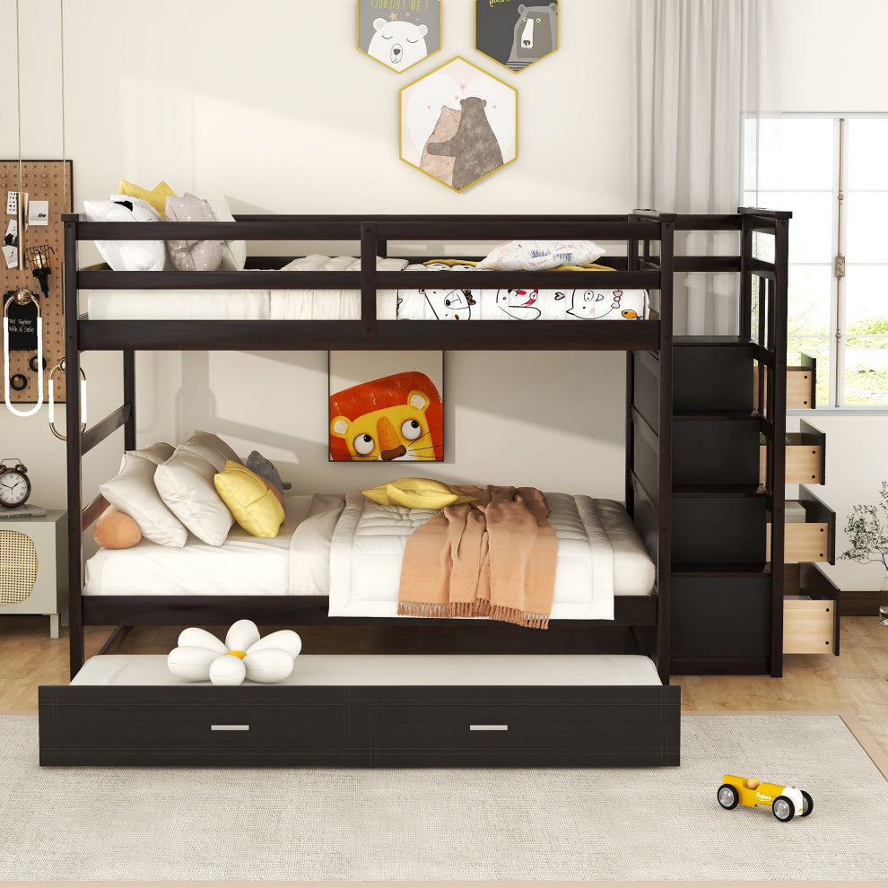 Gewnee Full Over Full Bunk Bed with Twin Size Trundle and Staircase