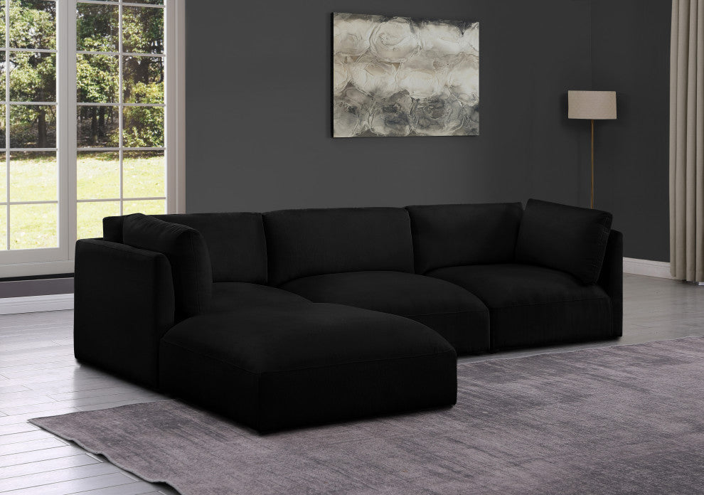 Ease Fabric Upholstered L-Shaped Modular Sectional, Black, 3 Piece: 2 Corner, 1 Armless, 1 Ottoman