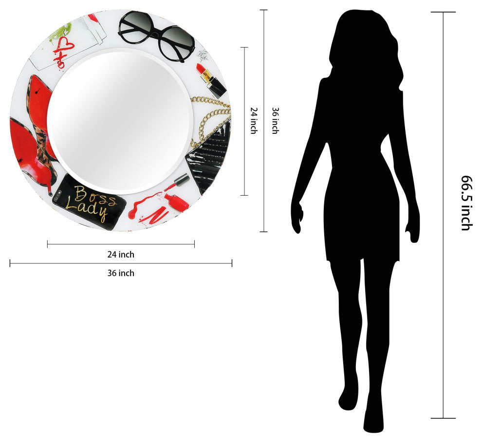 "Boss Lady" Round Beveled Wall Mirror on Floating Printed Tempered Art Glass