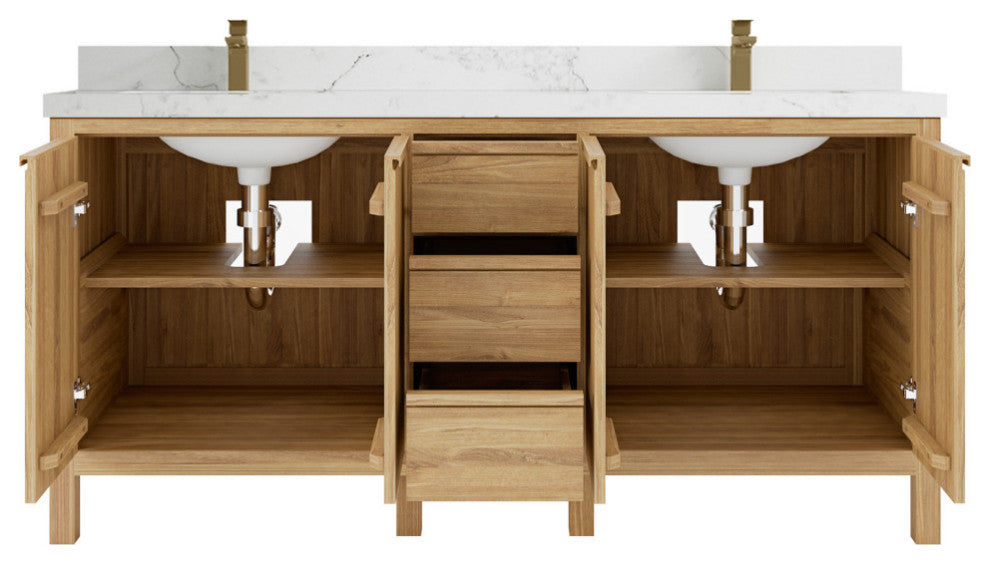 Elizabeth 72 Double Sink Bath Vanity in Light Natural Teak 2" Calacatta Nuvo
