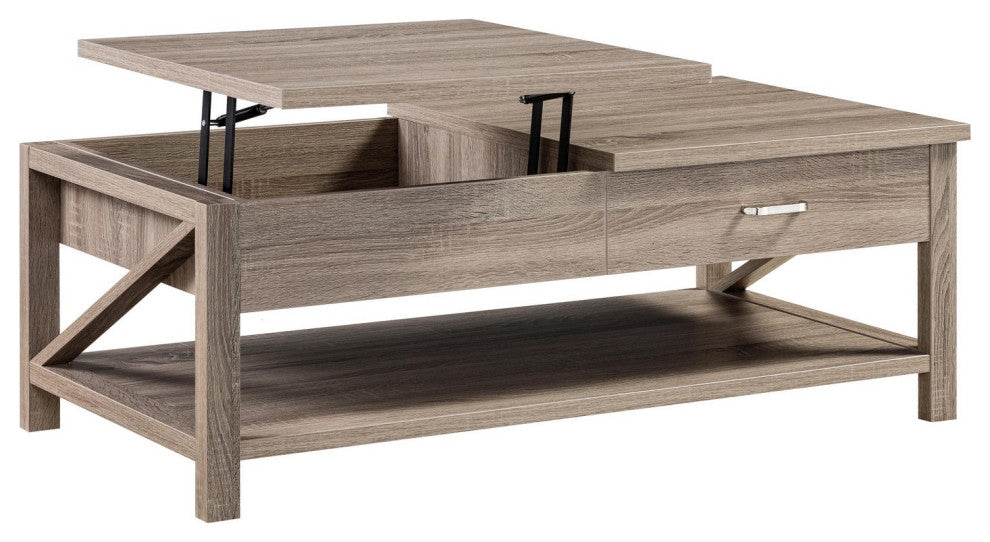 Benzara Modern Coffee Table, Half Lift Top, Hidden Storage, Taupe Finish