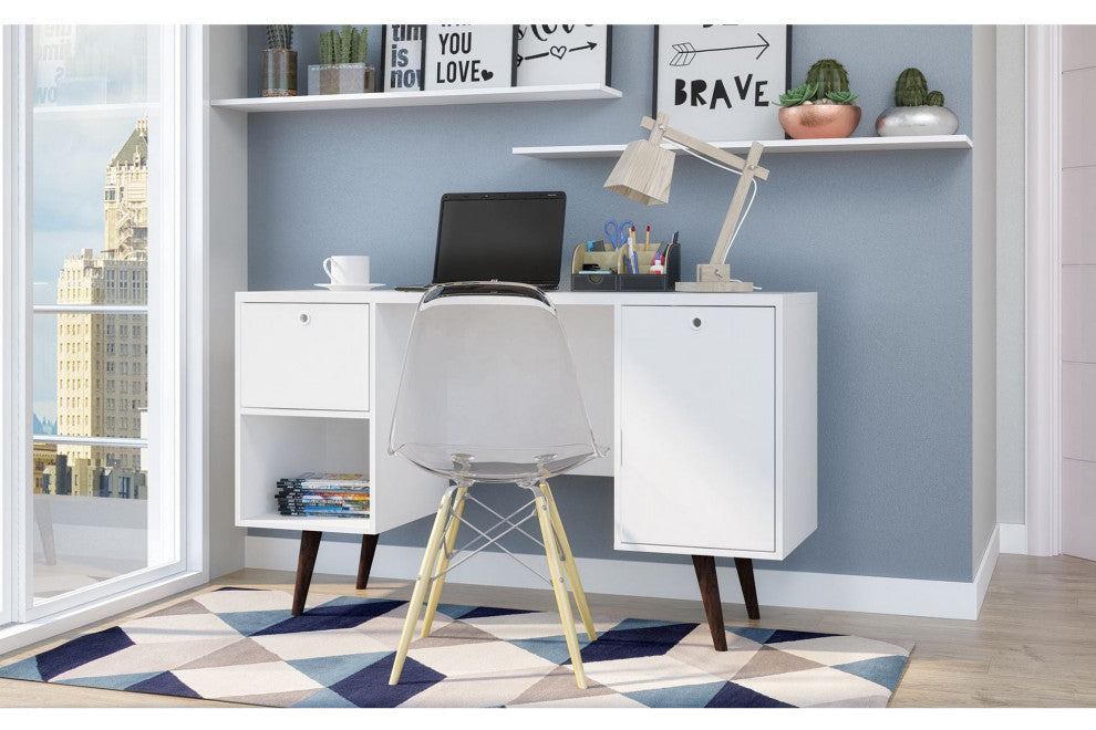 Mid Century Modern Desk, Angled Legs With 2 Open Compartments & 2 Drawers, White