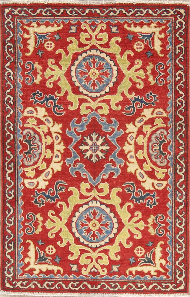 Traditional Oriental Wool Hand-Knotted Pakistani Kazak Area Rug, Red, 4'3"X2'9"