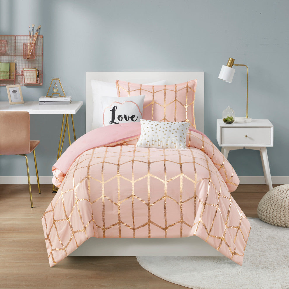 Intelligent Design Raina Metallic Printed Comforter Set, Blush/Gold