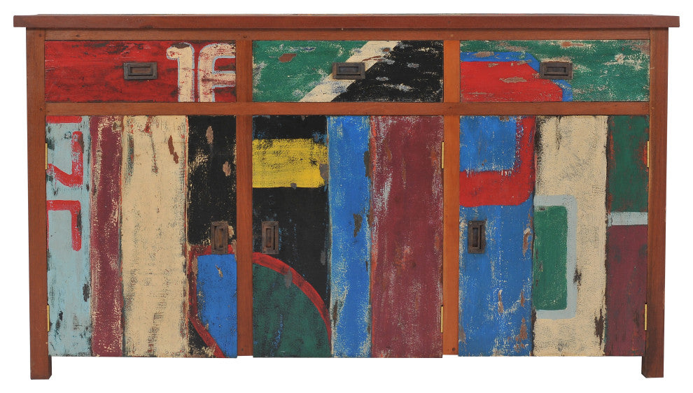 Buffet with 3 Doors and 3 Drawers Made from Recycled Teak Wood Boats, 63" Wide