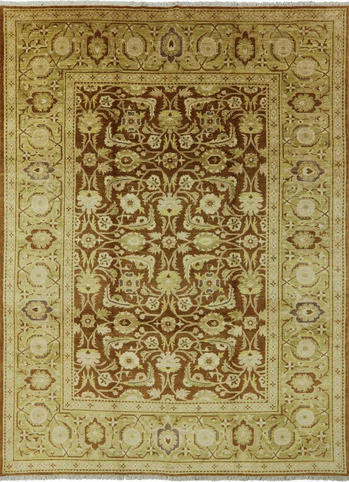 Oriental Oushak Ochre Hand-Knotted Chobi Peshawar Quality Wool Rug, 10'x14'