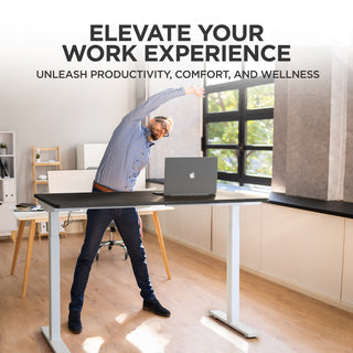 Rise Up Bamboo Electric Adjustable Height Office Desk, White Frame, Black Bamboo Desktop