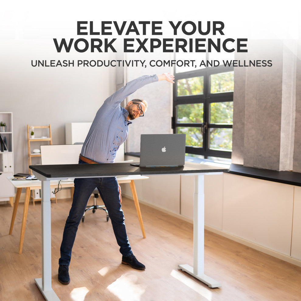 Rise Up Bamboo Electric Adjustable Height Office Desk, White Frame, Black Bamboo Desktop