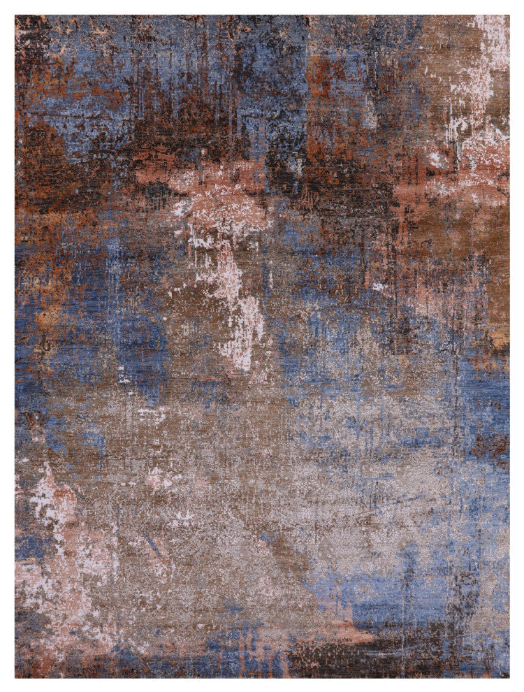 9' 2" X 12' 3" Hand Knotted Abstract Wool and Silk Rug Q8864