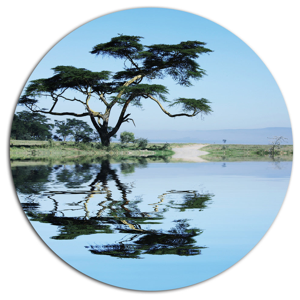 Beautiful Tree Reflecting In Lake, Landscape Disc Metal Artwork, 23"