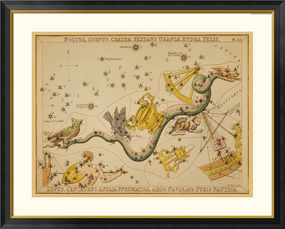Noctua, Corvus, Crater, Sextans Uraniae, Hydra, Felis, Pyxis Nautica, 46"x37"