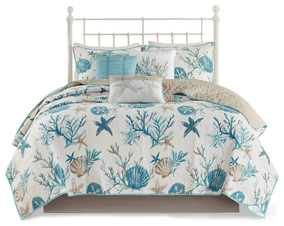 Madison Park Pebble Beach 6 Piece Cotton Sateen Quilt Set With Throw Pillows