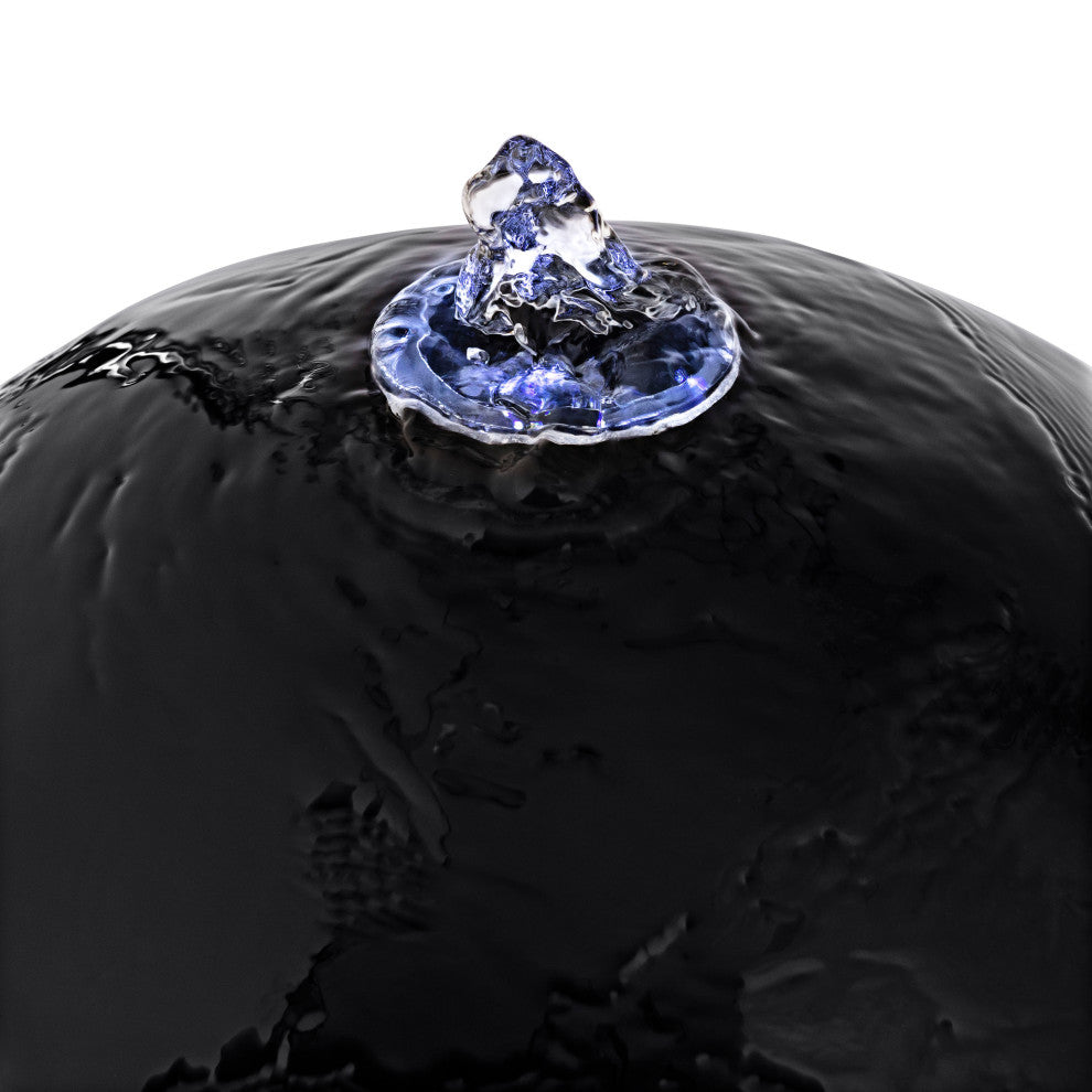 Alpine Modern Sphere Pedestal Fountain With LED Light, Black Finish, 33" Tall