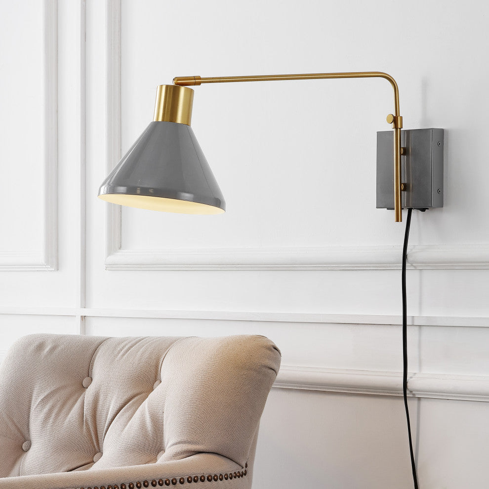 Max Swing Arm 1-Light Modern Midcentury Iron USB Charging Port LED Sconce, Gray