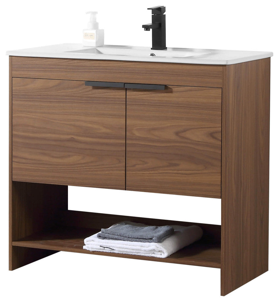 Phoenix Bath Vanity With Ceramic Sink - Full Assembly Required, Walnut, 36 Inch