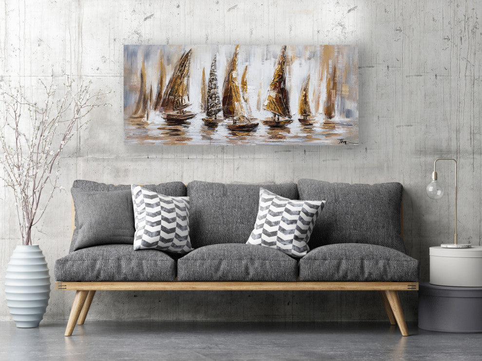 "Gold Sail Boats" Hand Painted Canvas Art, 55"x27.5" - Wrapped Canvas Painting