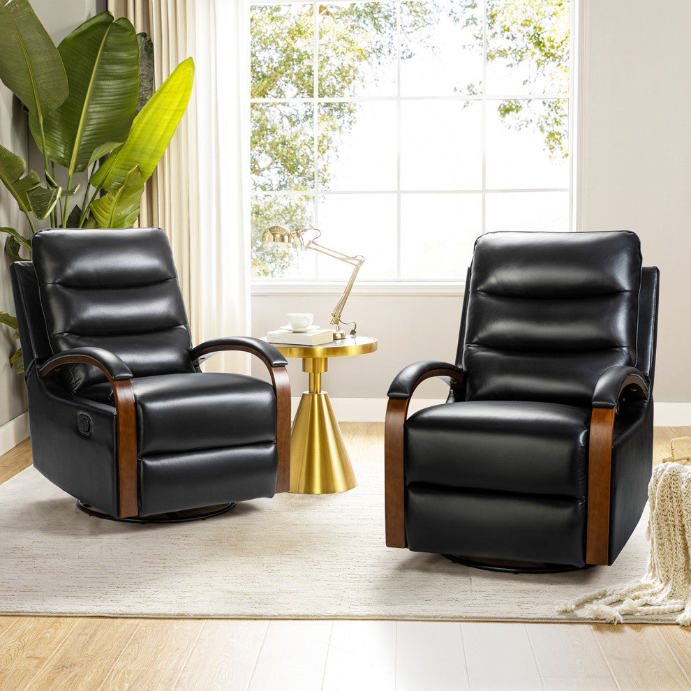 Konradin Genuine Leather Swivel Rocking Manual Recliner Set of 2, Black