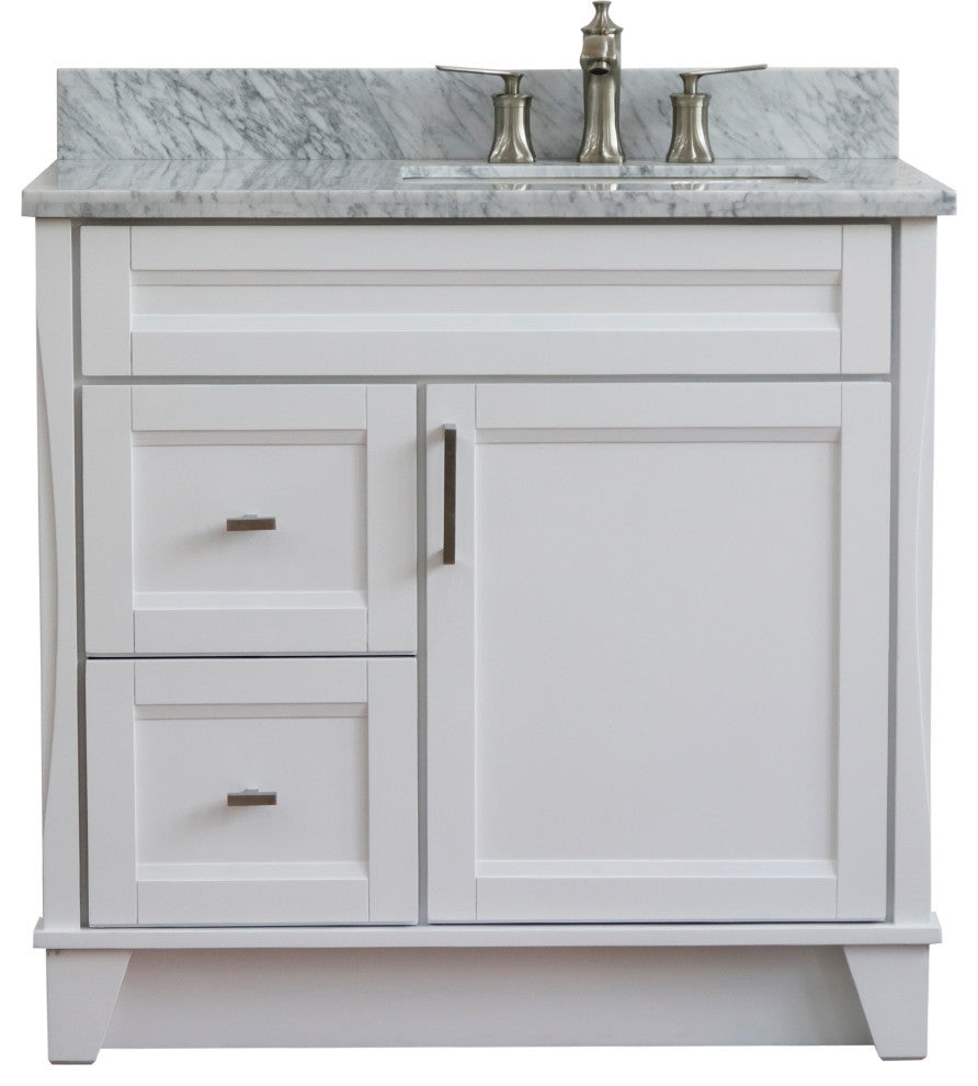 37" Single Sink Vanity, White Finish Top With White Carrara Marble