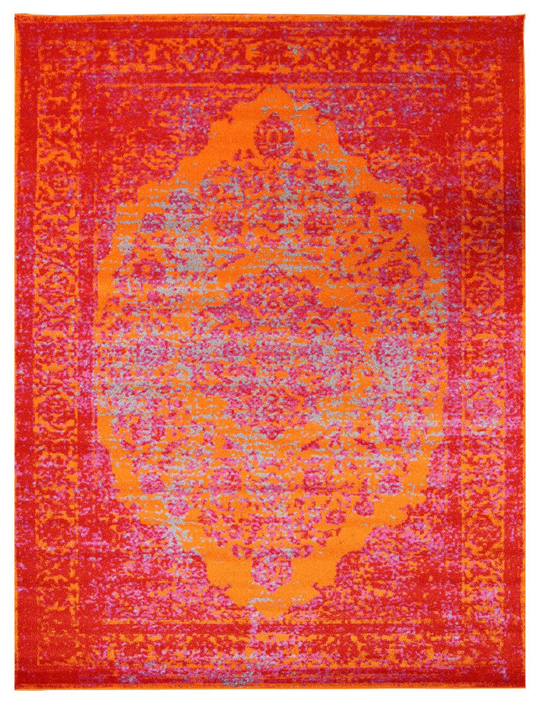 Agra All-Over Machine Made Turkish Oriental Distressed Area Rug Overdyed, Orange