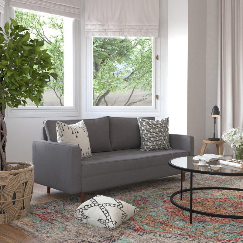 Hudson Mid-Century Modern Sofa With Tufted Upholstery and Solid Wood Legs, Dark Gray