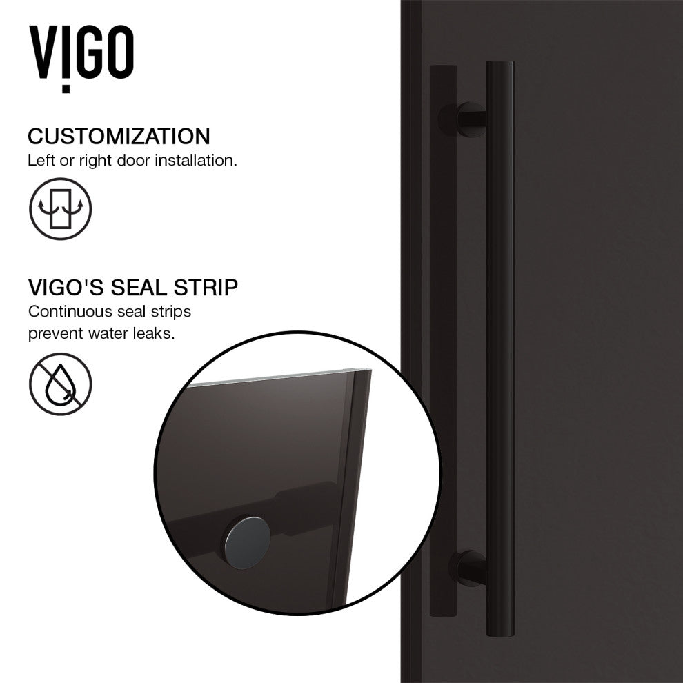 VIGO Elan 56" to 60" W x 74" H Frameless Sliding Shower Door, Matte Black, Black Tint Glass