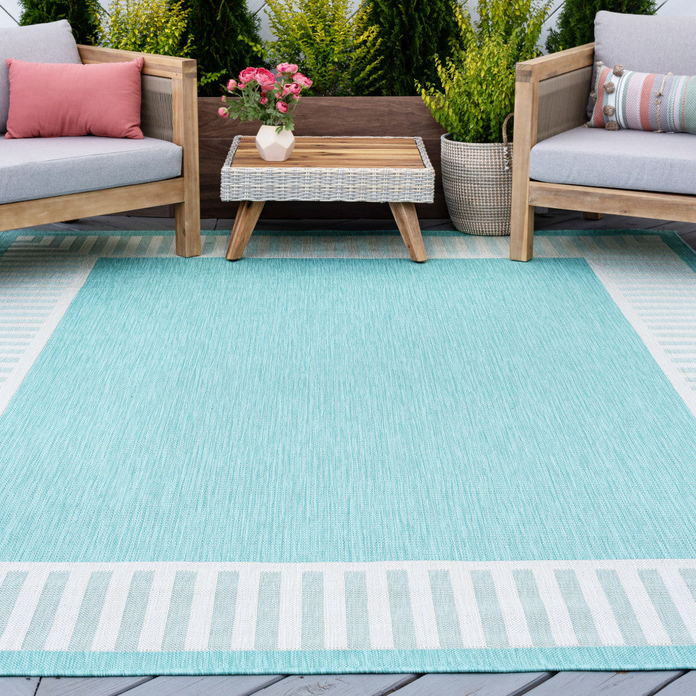 Elgin Transitional Striped Border Aqua/Cream Indoor/Outdoor Area Rug, 4'x5'