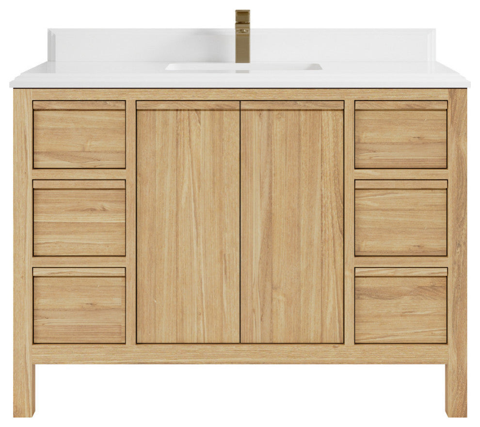 Elizabeth 48 Single Sink Bath Vanity in Light Natural Teak 1.5" White Quartz