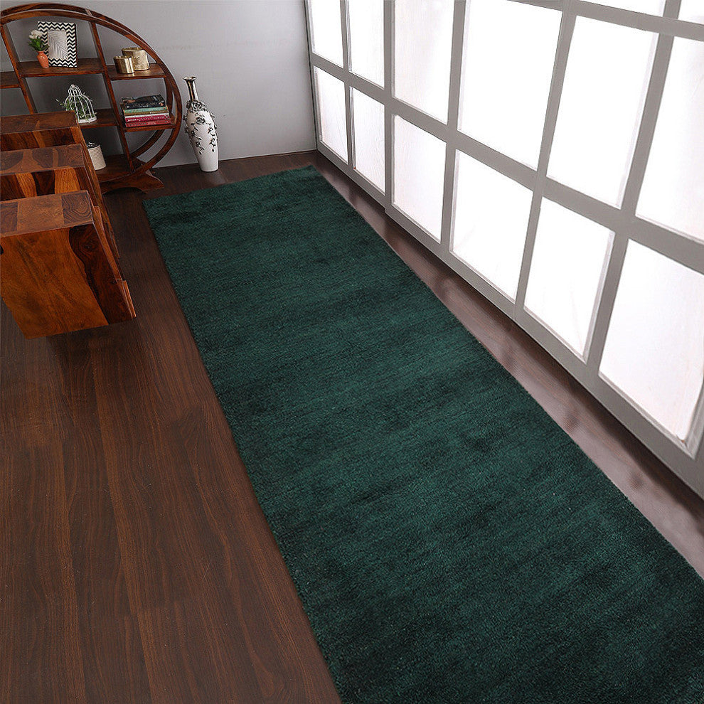 HAND KNOTTED LOOM SILK ECO-FRIENDLY AREA RUGS-Dark Green Color,Solid Design, [Runner] 2'8''x10'