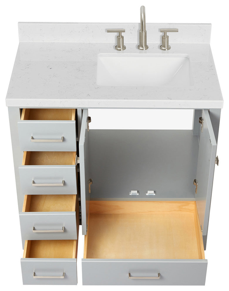 Ariel Cambridge 36" Right  Single Rectangle Sink Vanity, Carrara Quartz, Gray
