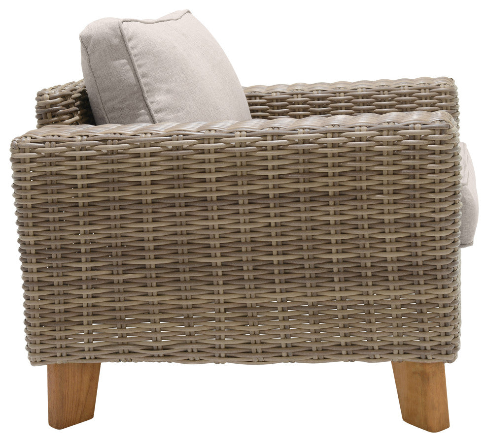 Bahamas Outdoor Wicker and Teak Wood Lounge Chair With Beige Olefin