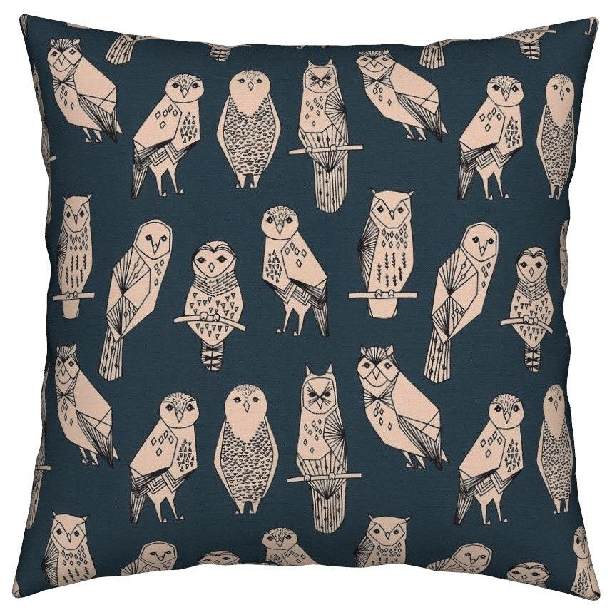 Owl Bird Geometric Illustration Blush Navy Throw Pillow Cover Velvet