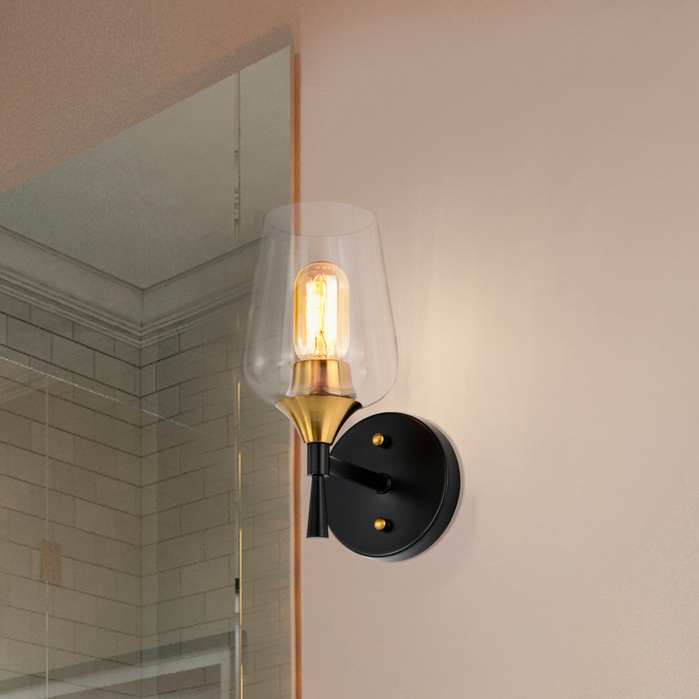 5 in. 1-Light Black and Antique Brass Indoor Wall Sconce With Clear Glass Shade