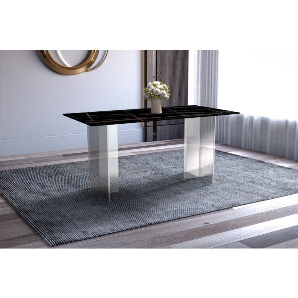 Kova Series Dining Table, Clear Base with 55 Black/Gold Sintered Stone Top