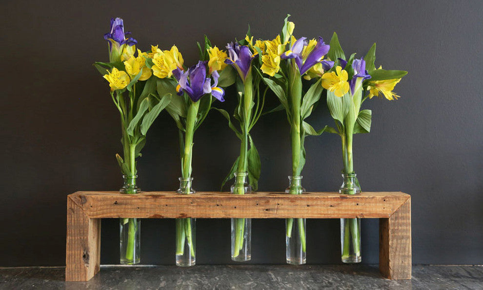 Glass Bud Vase Arrangement With Reclaimed Wood Holder, 5 Bottles