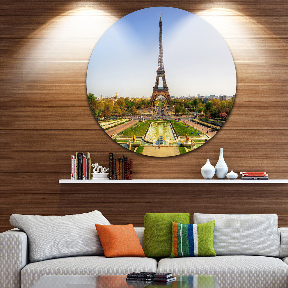 Wide View Of Eiffel Tower, Landscape Photo Disc Metal Wall Art, 38"