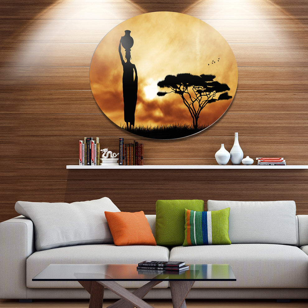 African Woman And Lonely Tree, African Landscape Round Artwork, 36"