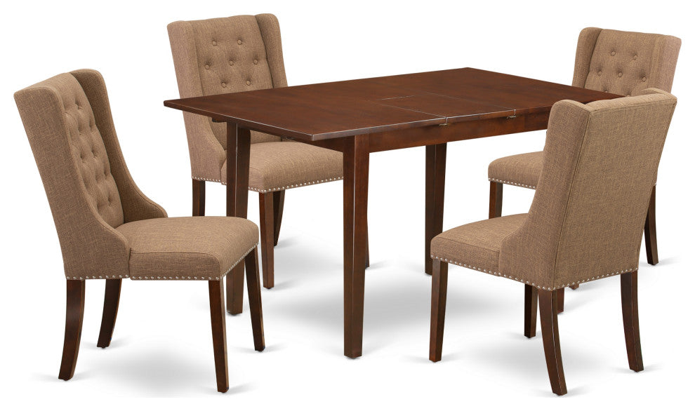 5Pc Dining Set, 1 Butterfly Leaf Table, 4 Light Sable Chairs, Mahogany Finish