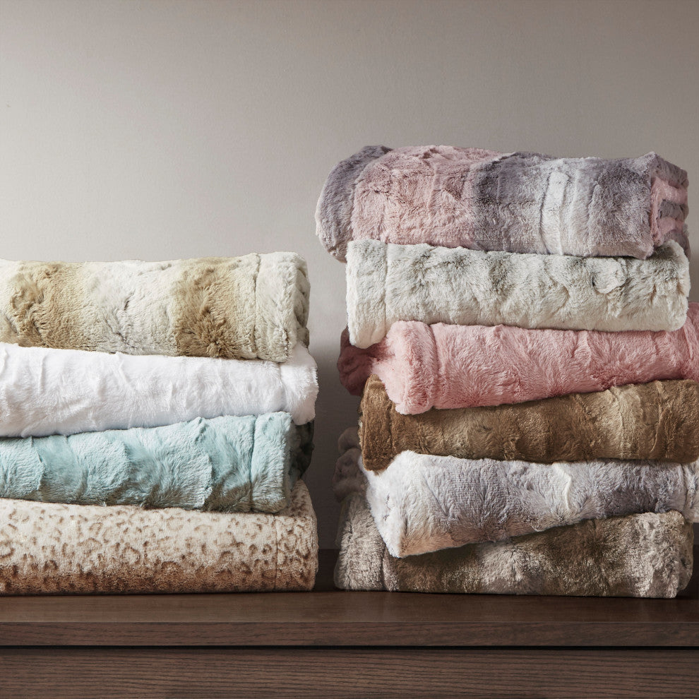 Madison Park Faux Tip Dyed Brushed Long Fur Throw, Tan