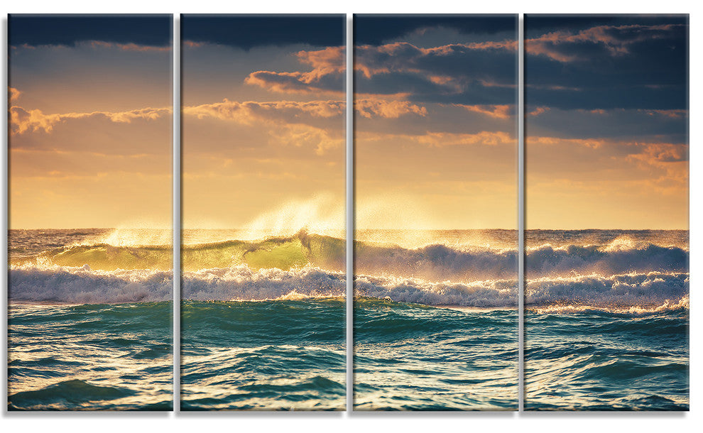 "Sunrise And Shining Waves in Ocean" Seashore Canvas Wall Art, 4 Panels, 48"x28"