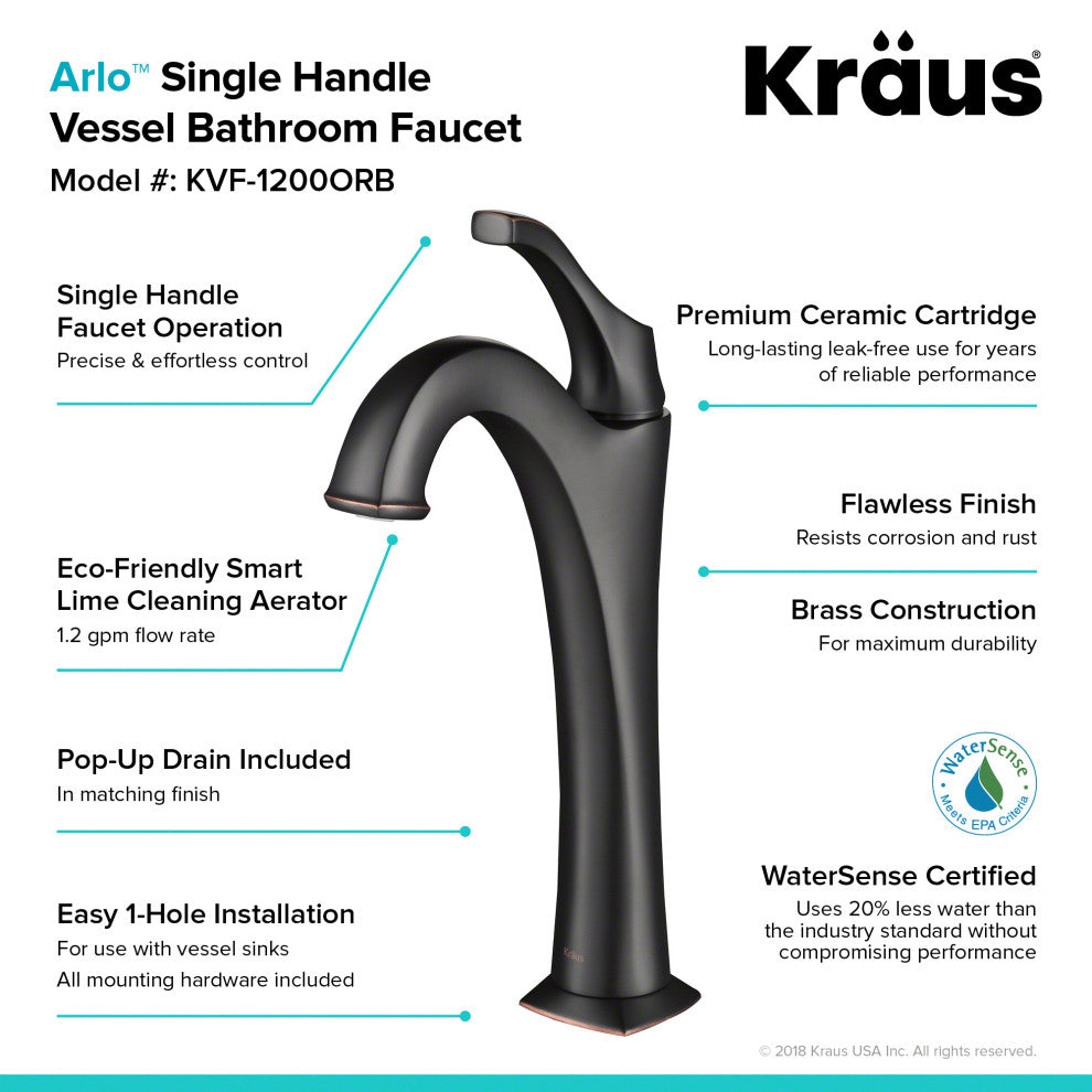 Arlo Single Handle Lever 1-Hole Vessel Bathroom Faucet Oil Rubbed Bronze w Drain