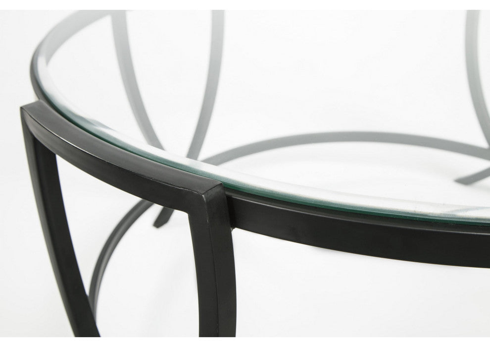 Benzara BM213280 Round Table Set With Glass Top and Geometric Metal Body, Black